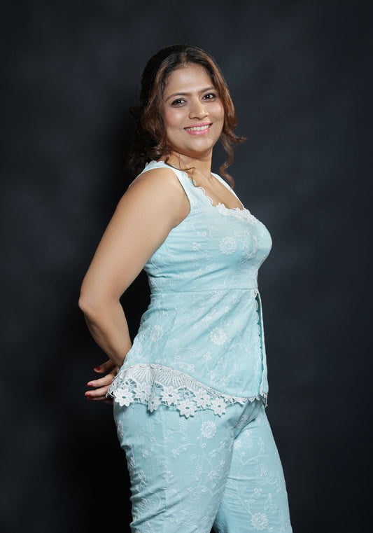 Sleeveless blue lace co-ord set