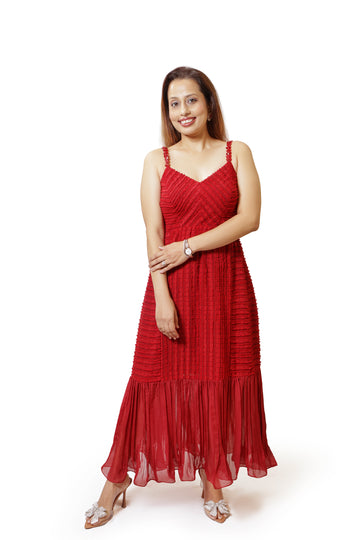 Ruby red pleated hem dress