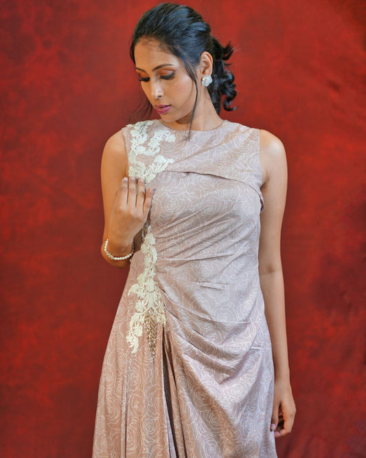 जashn beige rose print one piece