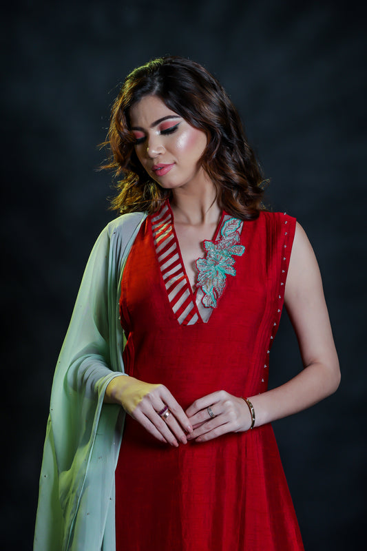 Red pleated dress set with dupatta