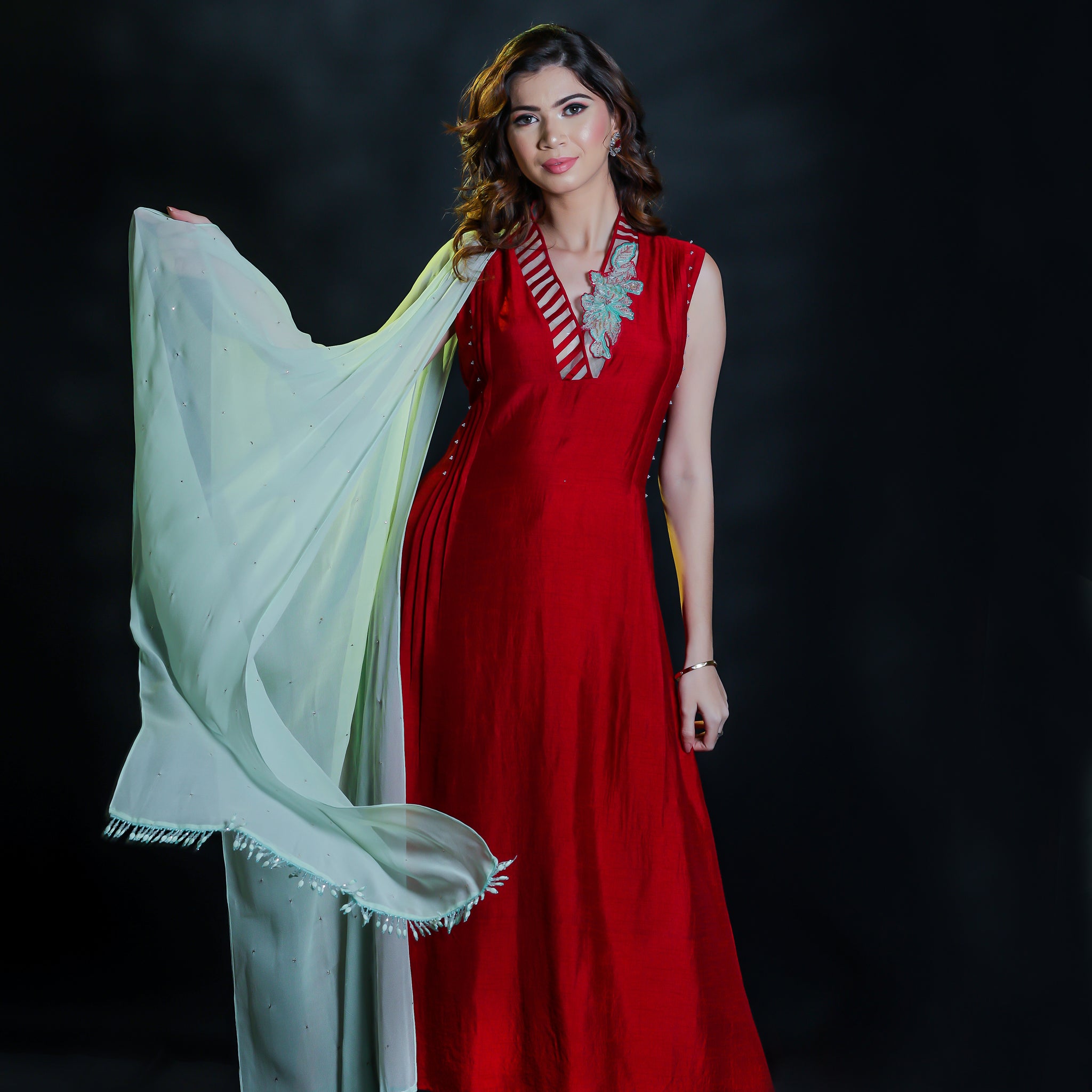 Red pleated dress set with dupatta