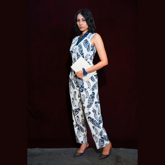 जashn blue printed waist coat style co-rd set