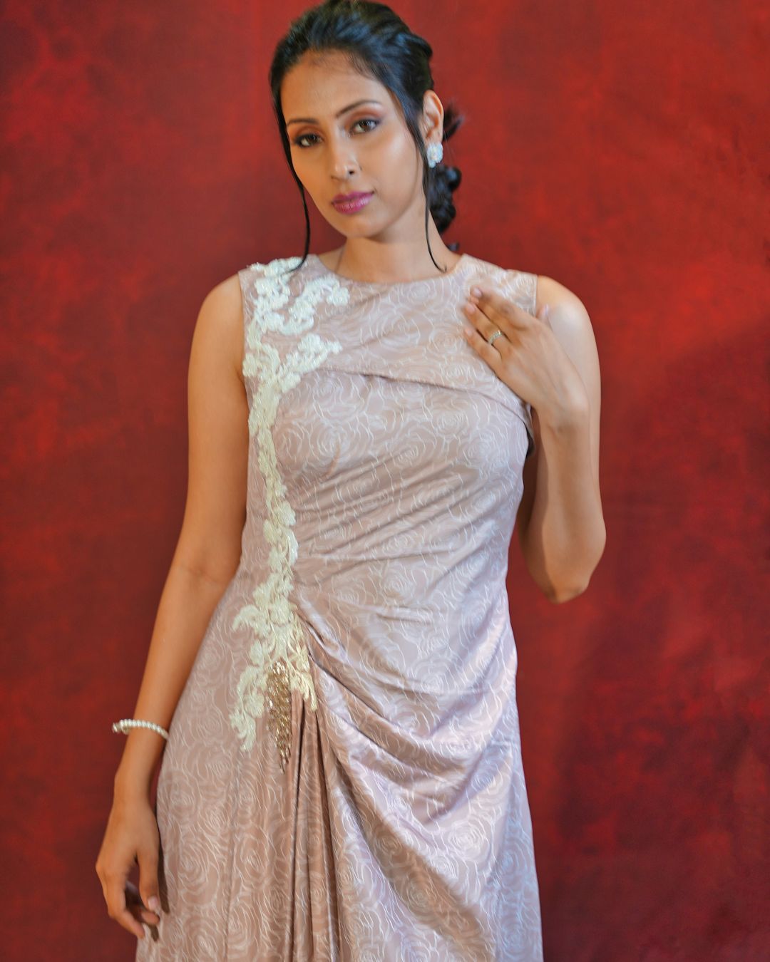 जashn beige rose print one piece