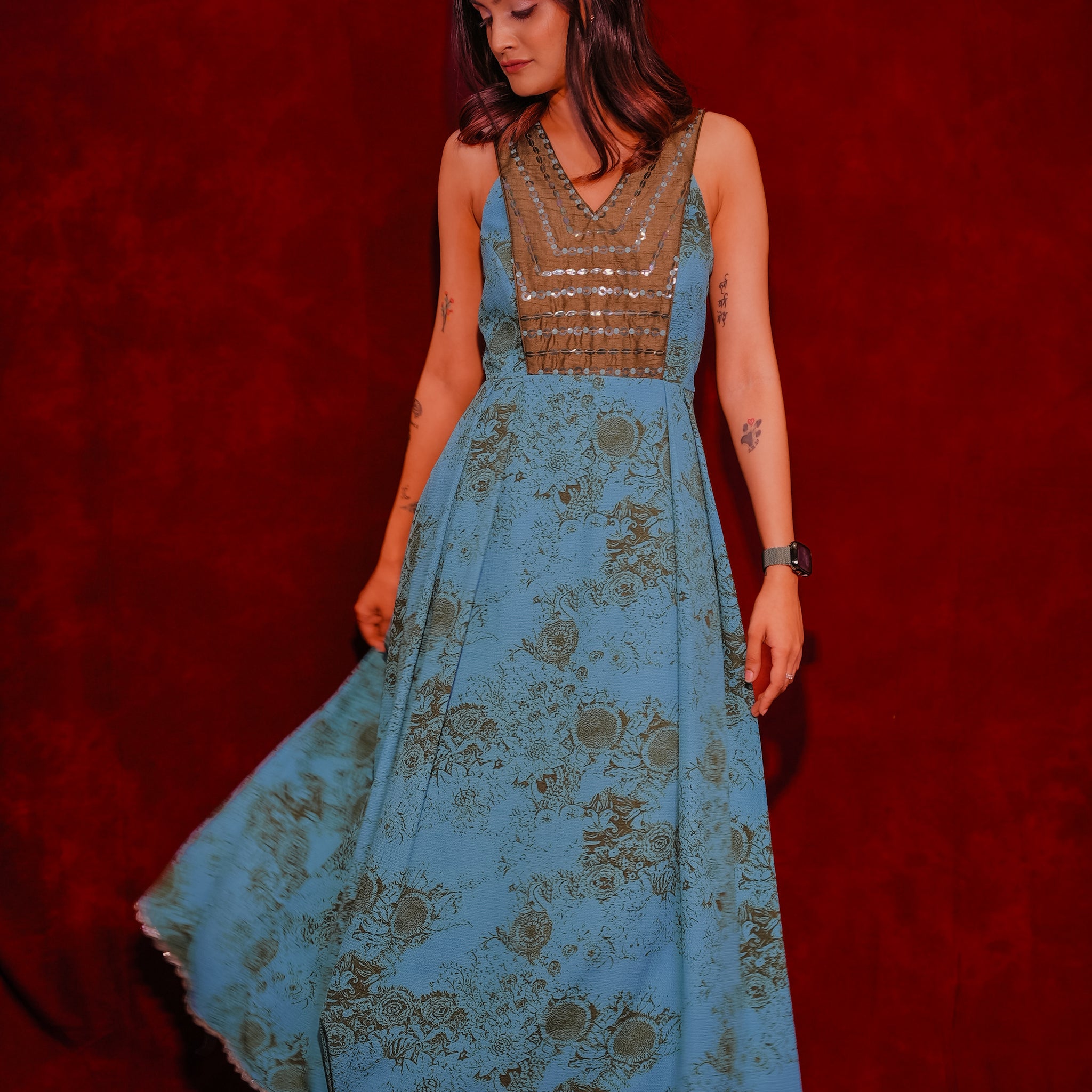 जashn Green printed one piece dress