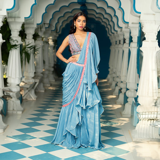 Blue poppy ready to wear saree