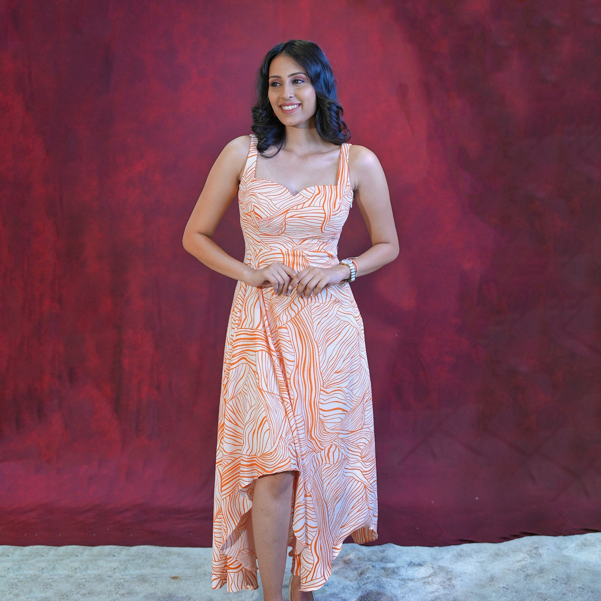 जashn orange printed one piece dress