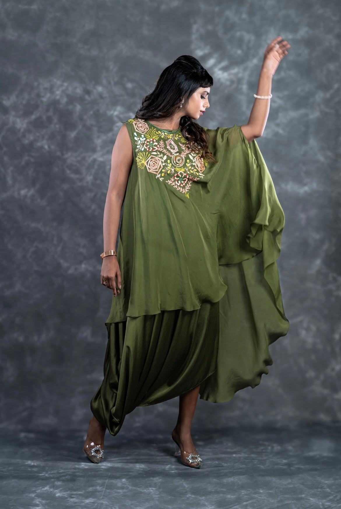 Olive green drape with cape