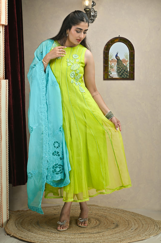Jade Anarkali with Cutwork Dupatta